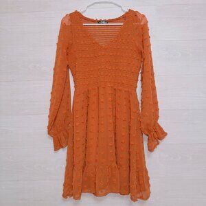 Amazon Women's Orange Long Sleeve Swiss Dot Textured V Neck Smocked Mini Dress